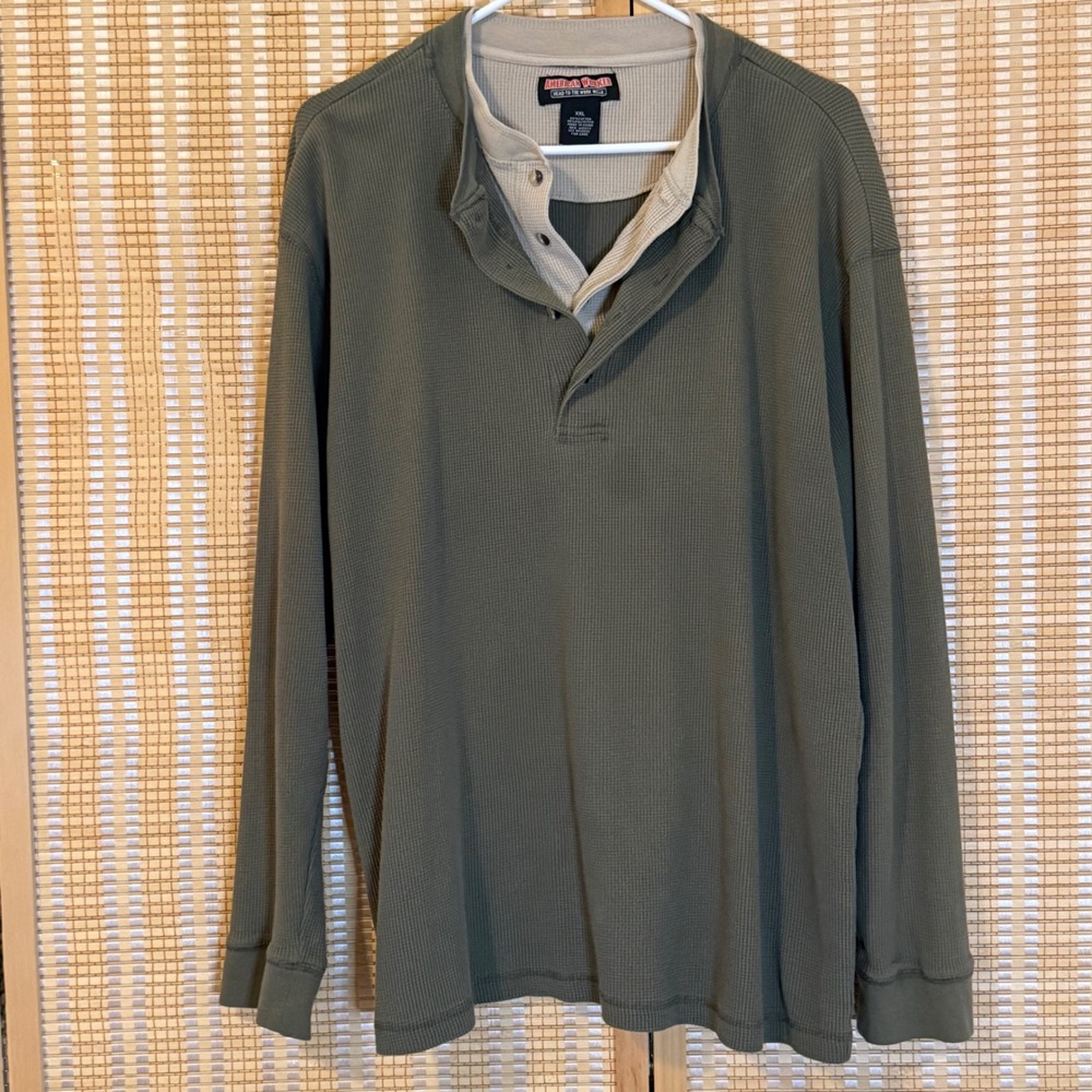 American Worker Mens XXL Olive Green Waffle Knit Thermal Henley Long Sleeve Top